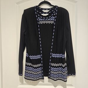 Misook Black 2Pc Cardigan with Blue & White Chevron Trim #892